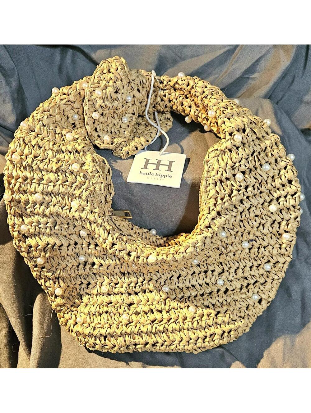 HAUTE HIPPIE Beaded HOBO BAG Raffia Pearl Accent Knotted Tan Handbag 14x14" Boho